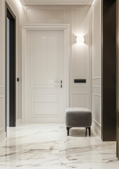 modern entrance hall, door with white panels on the wall, marble floor, grey velvet stool in front of it, black frame window on one side, white walls, modern interior design