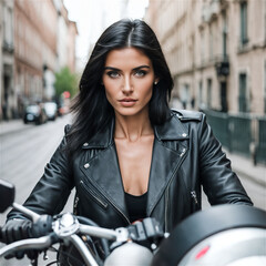 Fototapeta na wymiar Beautiful woman on a motorcycle. Upper body portrait in a city environment.