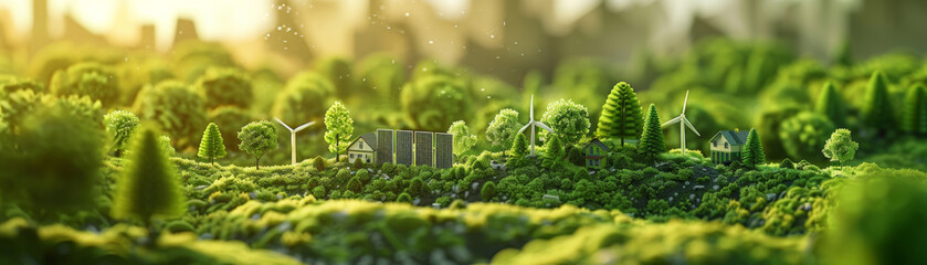 Miniature eco-friendly landscape with solar panels and wind turbines among lush greenery, depicting alternative energy.
