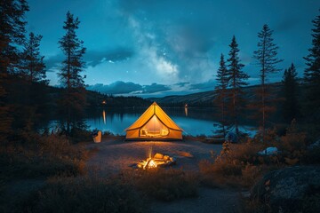 An idyllic camping setup with a glowing tent under the vast starry sky reflected on a serene lake - obrazy, fototapety, plakaty