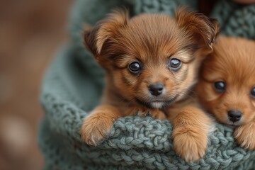 A cute small puppy snuggled in a soft knitted blanket with its big expressive eyes gazing upward