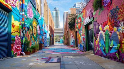 vibrant street art and colorful graffiti adorning the walls of buildings and alleyways in a city's artsy neighborhood, showcasing the creativity and expression of urban street culture.