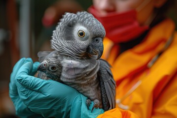 An individual cradles an exotic grey parrot, emphasizing care for wildlife and the beauty of avian creatures