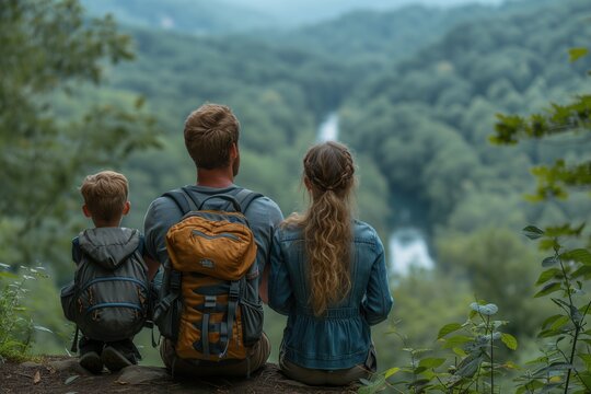 A serene image of a family sitting close, facing a lush forest and waterfall, engrossed in the beauty of nature