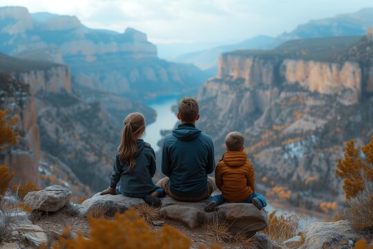A serene image capturing three individuals sitting and gazing at a breathtaking mountainous landscape and river below