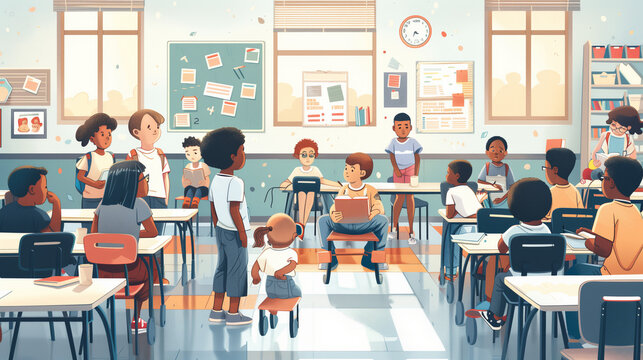 Highlight inclusive education with a classroom scene depicting students of different abilities, ethnicities, and backgrounds learning together, promoting inclusive education practices.