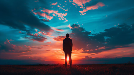 Contemplate the possibilities that lie ahead and embrace the optimism of tomorrow with a silhouette of a person standing alone, gazing out towards the horizon with a hopeful expression. - obrazy, fototapety, plakaty