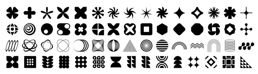 Brutalist abstract geometric shapes Collection of brutal contemporary figure spiral flower star oval circle and other elements.