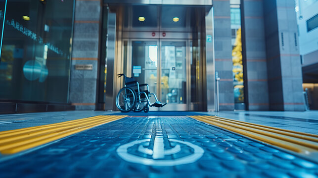 Promote accessibility and inclusivity with an image of a building entrance featuring wheelchair ramps and accessible signage, demonstrating a commitment to inclusivity for people with disabilities.
