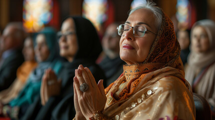 Celebrate the shared values and sense of community that unite people of different faiths with a multicultural religious congregation gathered for a prayer or ceremony. - obrazy, fototapety, plakaty
