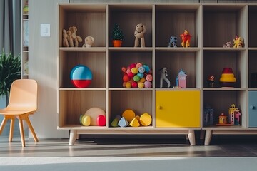 Bright and colorful kids room with modern furniture and toys, sunlit for play and learning