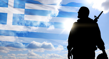 Silhouette of a soldier and Greece flag on blue sky background. Concept of national holidays. Commemoration Day. Independence Day. 3d illustration