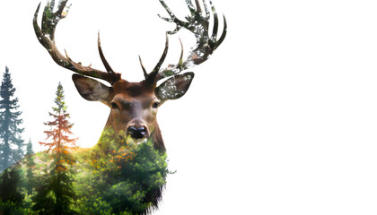 Fototapeta premium Hirsch, Reh, photo, doppelbelichtet, Doppelbelichtung, bäume, fichten, wald, wandern, urlaub, weiß, neu, modern, grün, braun, natur, artwork