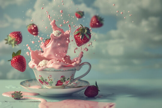A whimsical image of strawberries causing a vibrant pink splash in a delicate teacup