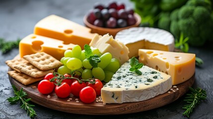  A platter of cheese, crackers, grapes, tomatoes, and grapes on a wooden platter with herbs