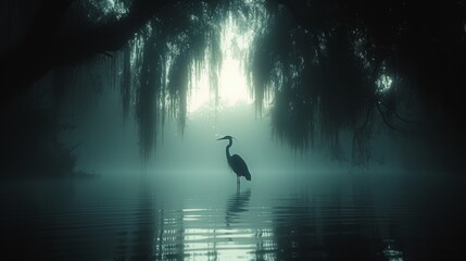  A bird perched amidst a forest's dense foliage, surrounded by a shrouded expanse of water