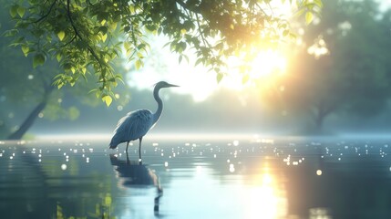 Fototapeta premium A bird perches on the edge of a water body with a tree in the foreground and the sun behind it