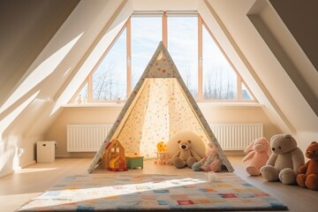 Bright and colorful kids room with stylish furniture and toys, illuminated by sunlight