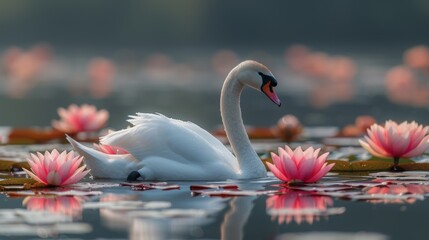  A white swan glides atop a tranquil body of water, amidst an array of pink water lilies and a lily pad
