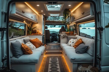 Inside view of a modern campervan showcasing a comfortable living area with plush seating and homely details, ready for a scenic road trip