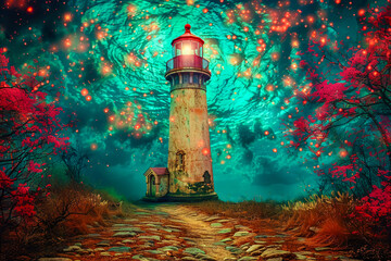 Nighttime lighthouse guiding with its beam under starry sky, coastal landscape concept - obrazy, fototapety, plakaty