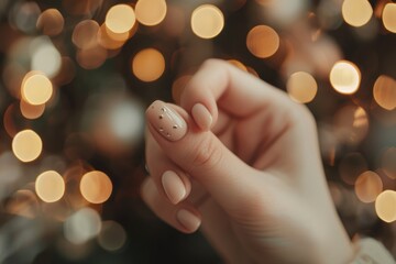 Elegant female hand displaying a flawless manicure with a neutral polish, set against a softly lit, bokeh background for a touch of glamour - AI generated - obrazy, fototapety, plakaty