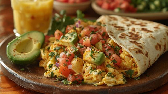  An image of a breakfast spread with eggs, avocado, tomatoes on a wooden table wrapped in a tortilla