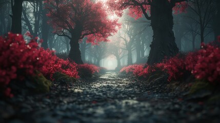  A well-trodden trail, lined with vibrant blossoms, leads to an illuminated endpoint