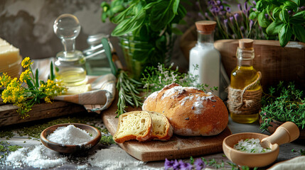 still life with bread and herbs