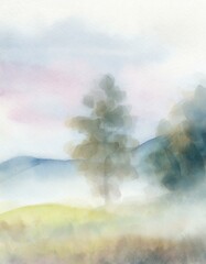 Beautiful pastel aquarelle painting as background.  Misty blurred landscape with forest and mountains. 
