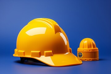 Construction worker scheme with yellow or blue helmet and tools on bright background