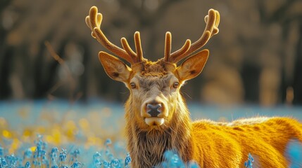  Close-up of deer with antlers on head, surrounded by blue flowers in background