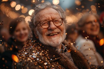 An exuberant elderly man with sparkling confetti, joy radiates from his smiling face