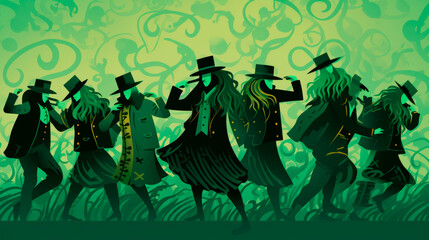 A group of people joyfully dancing in a field, moving to the music with smiles on their faces, surrounded by nature. Irish culture. St. Patrick's Day. Banner. Copy space