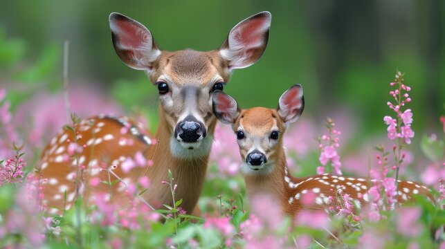  A pair of deer grazing in a meadow of pastel blooms under bright skies