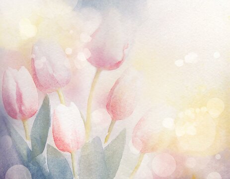 Beautiful pastel springtime Easter background illustrated with aquarelle pink tulips. 