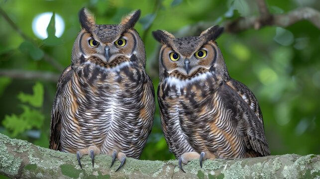  A pair of owls perched on a tree limb near a verdant trunk, against a backdrop of lush foliage