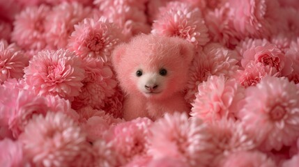  A  bear of small size, pink in hue, sits amidst a sea of pom-poms and pink flowers on a bed of pink blossoms