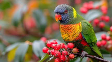  A vibrant avian perched atop a foliage-crowned bough, surrounded by juicy berries in sharp focus against a hazy, leafy backdrop