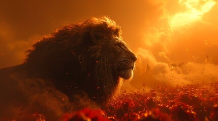 Fototapeta premium A majestic lion in a field of vibrant red blossoms, bathed in golden sunlight filtering through wispy cloud covers