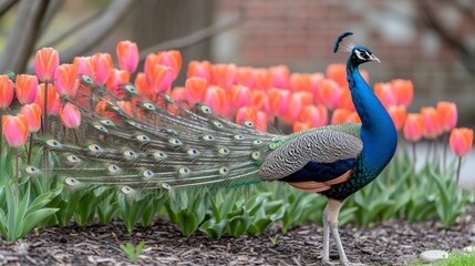 Fototapeta premium A peacock stands in front of a bed of tulips, spreading out its vibrant feathers