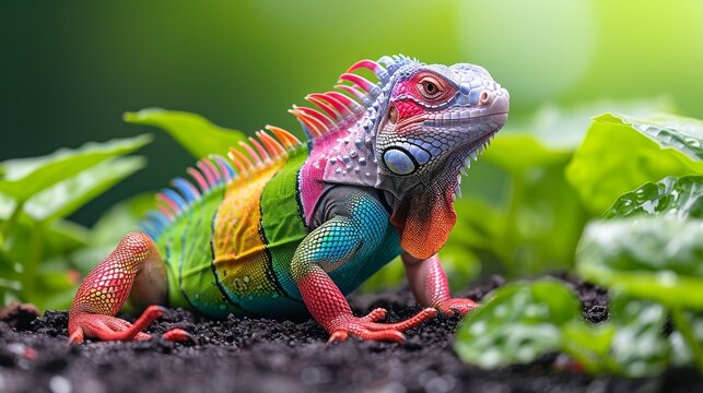  A photo of a close-up lizard among grass and green plants, with a vivid lizard in the front