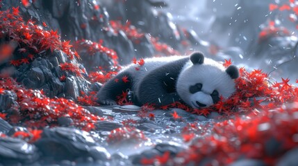  A panda bear lays atop a mound of scarlet leaves, adjacent to stacks of stones and red foliage - obrazy, fototapety, plakaty