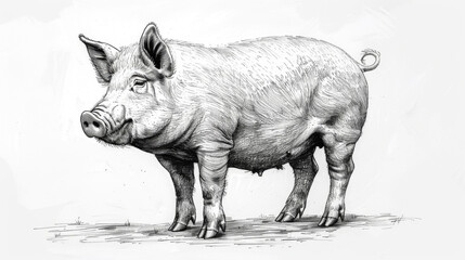 A side profile ink illustration capturing the detailed features of a pig on a farm. - obrazy, fototapety, plakaty