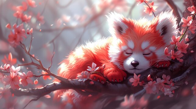  A painting depicts a red fox napping on a blooming tree branch with shut eyes and relaxed head
