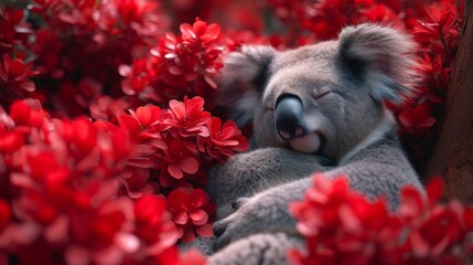 Fototapeta premium A picture of a koala dozing off among red blossoms in front and a tree behind it