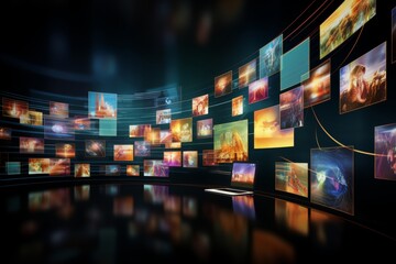 Abstract multimedia background with various channel images and web streaming video technology - Powered by Adobe