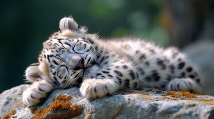  A cat lies on a rock, its face down with its eyes shut