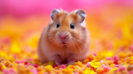  A hamster with yellow, pink, and brown fur sits on a pile of yellow corn kernels