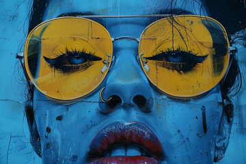 A striking graffiti-style artwork of a woman's face with yellow sunglasses on a denim-like blue background.